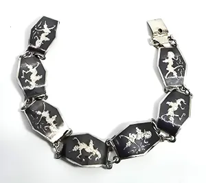 Siam Black Nielloware enamel Mekkala lightening goddess vintage sterling silver bracelet CS