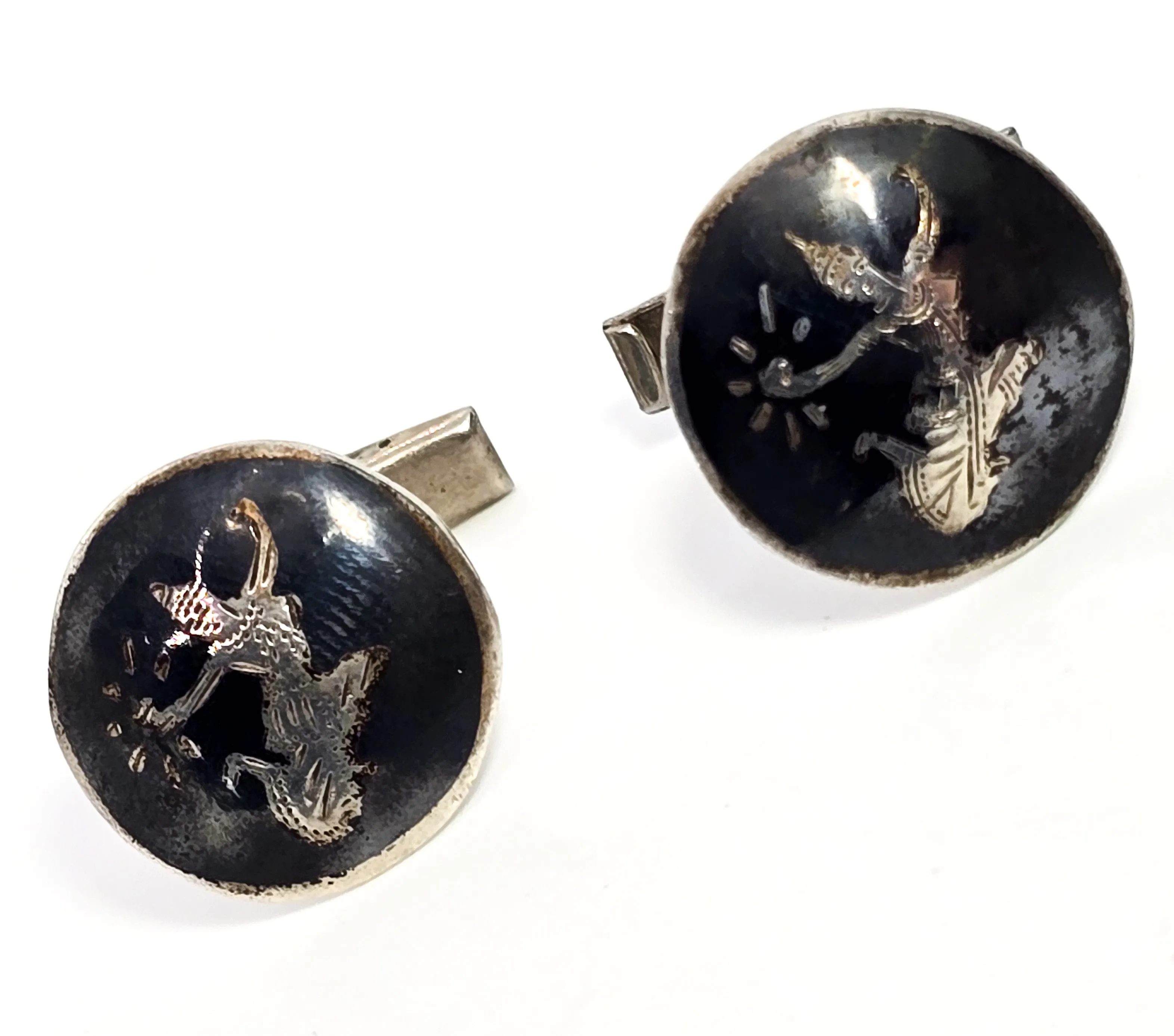 Siam Neillioware black enamel Mekkala goddess vintage sterling silver cufflinks