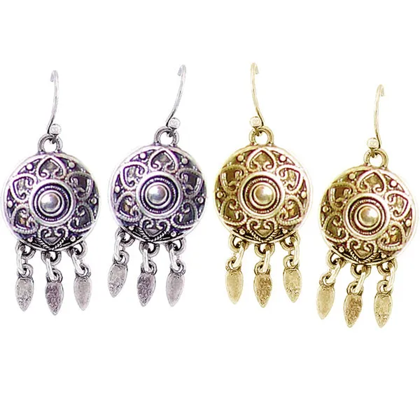 Silver- gold-plated earrings round Bali-like metal leaf dangles - 1 pair
