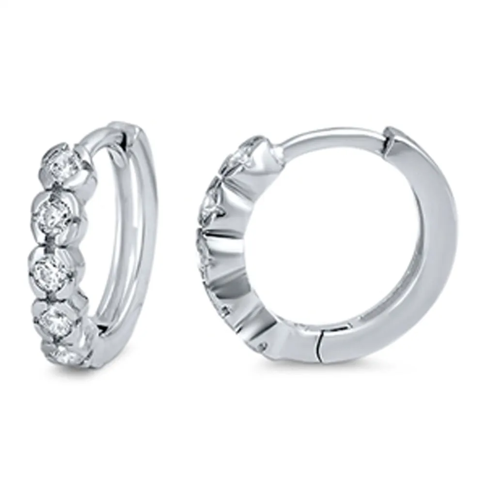 Simple Stacked Circle Hoop High Polish Clear Simulated CZ .925 Sterling Silver Huggie Hoop Earrings