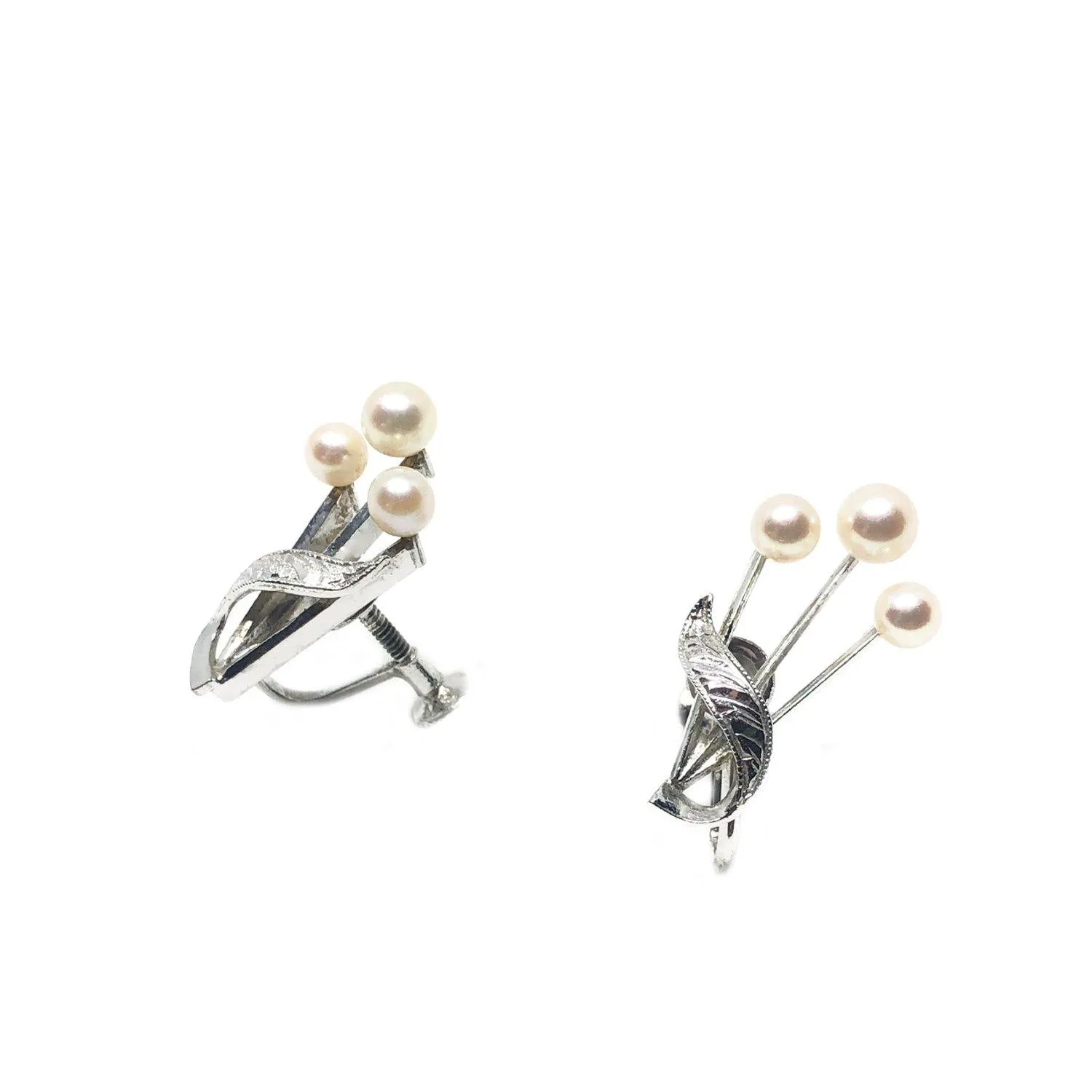 Spray Leaf Engraved Akoya Saltwater Cultured Pearl Screwback Earrings- Sterling Silver