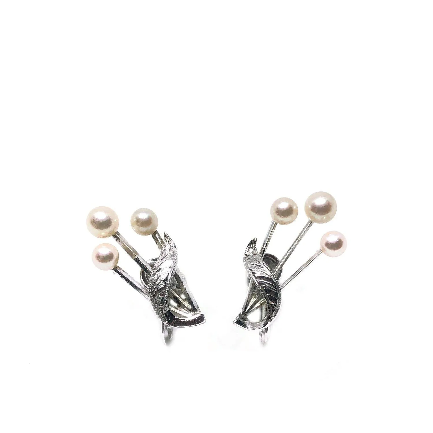 Spray Leaf Engraved Akoya Saltwater Cultured Pearl Screwback Earrings- Sterling Silver