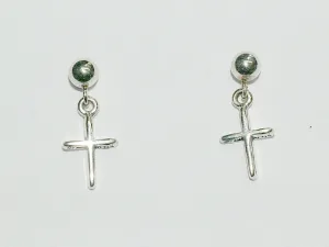 Sterling silver 4mm ball stud with tiny simple cross dangle earrings-religion