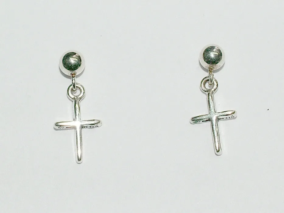 Sterling silver 4mm ball stud with tiny simple cross dangle earrings-religion