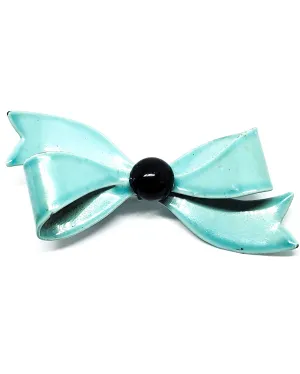 Teal blue and black painted enamel tin vintage brooch
