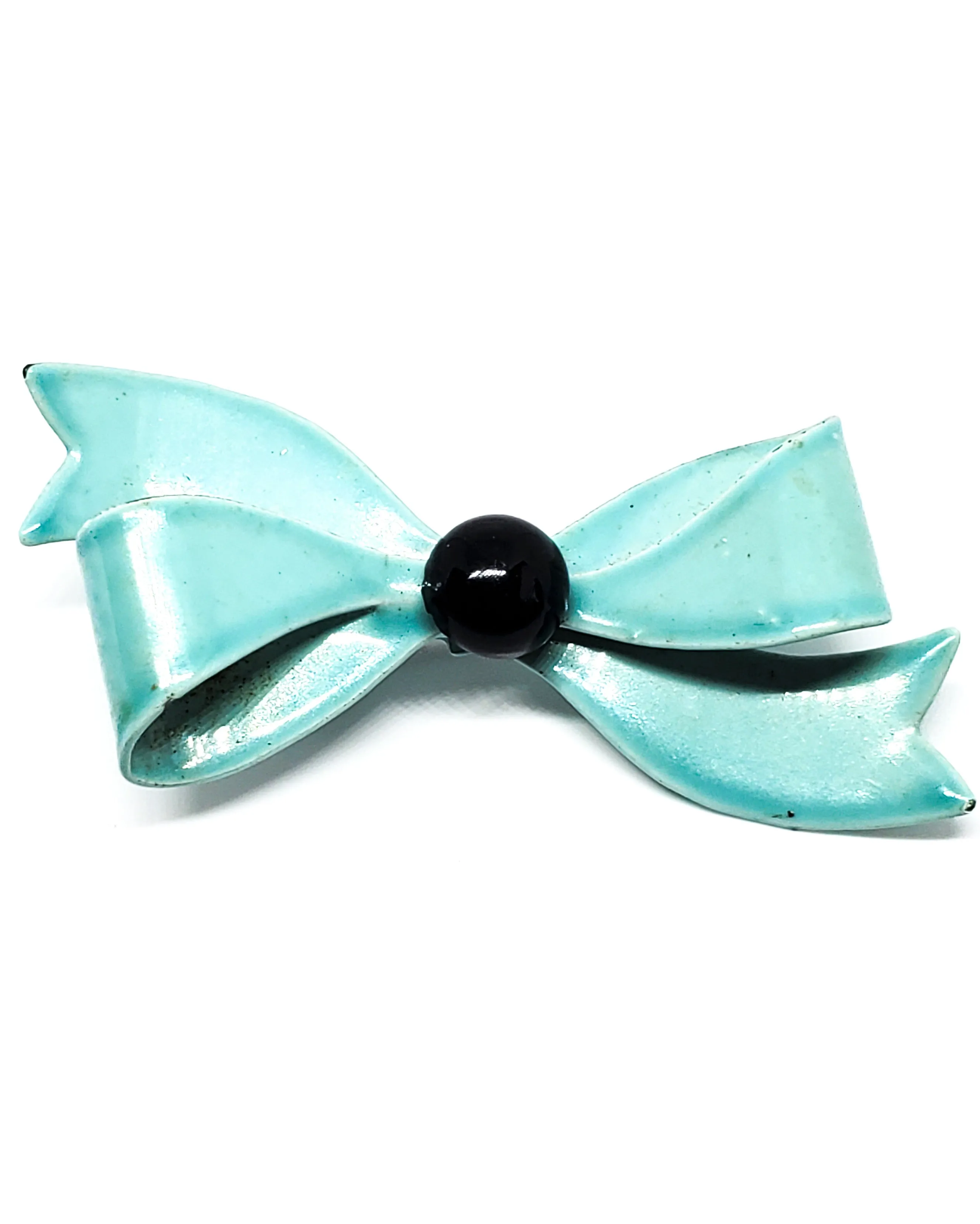 Teal blue and black painted enamel tin vintage brooch