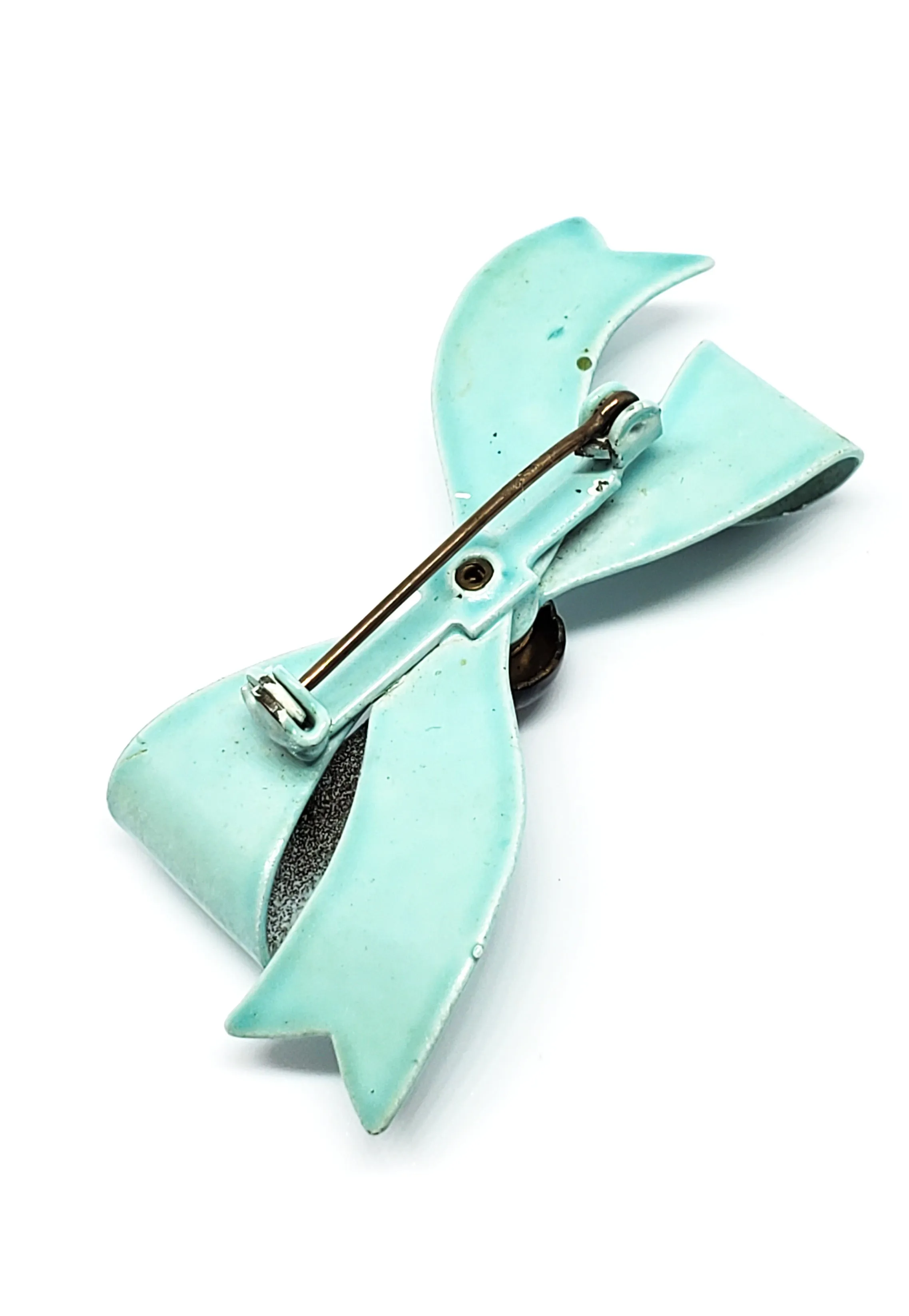 Teal blue and black painted enamel tin vintage brooch