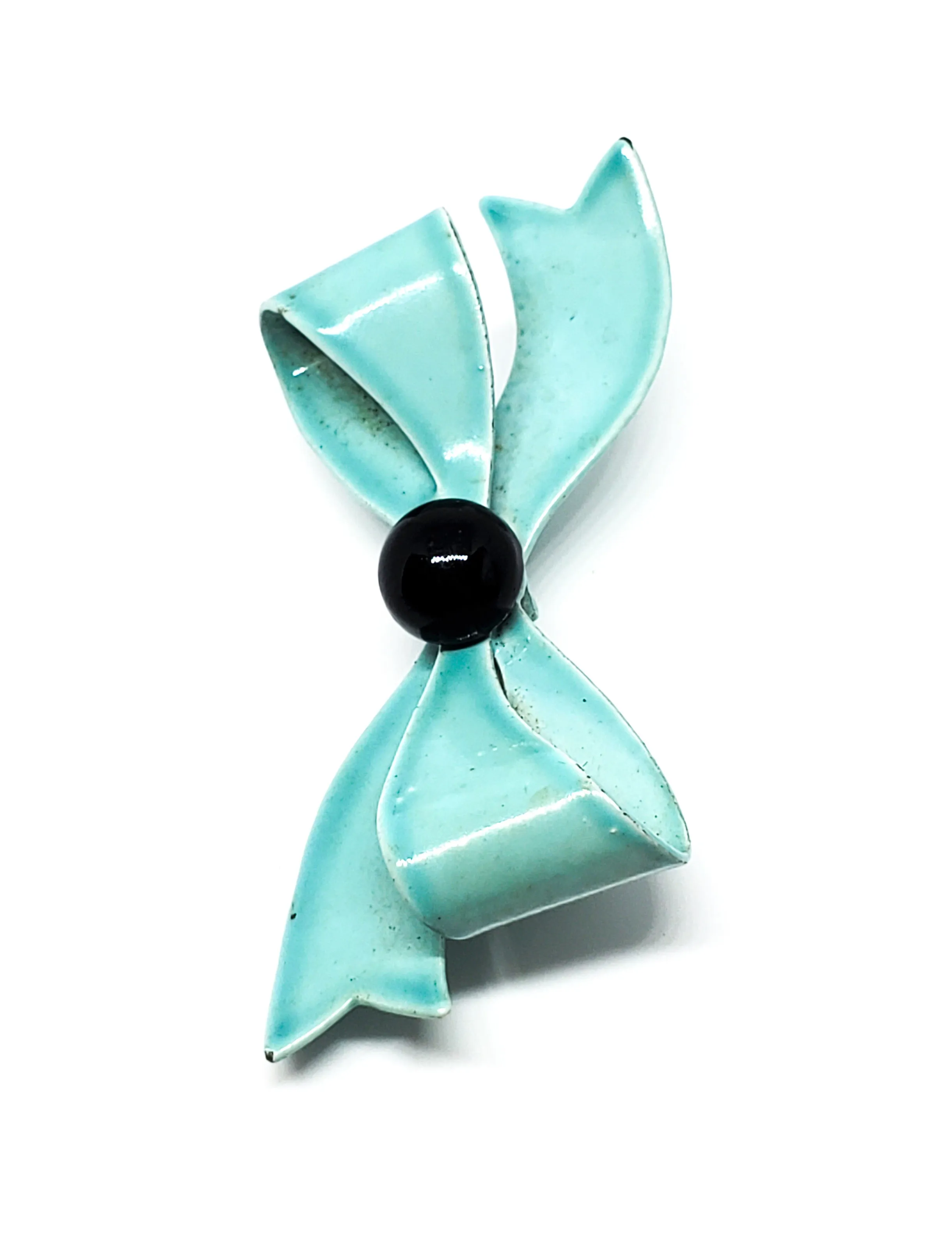 Teal blue and black painted enamel tin vintage brooch