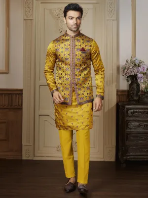 Traditional Style Silk Kurta Bandi Set in Mustard