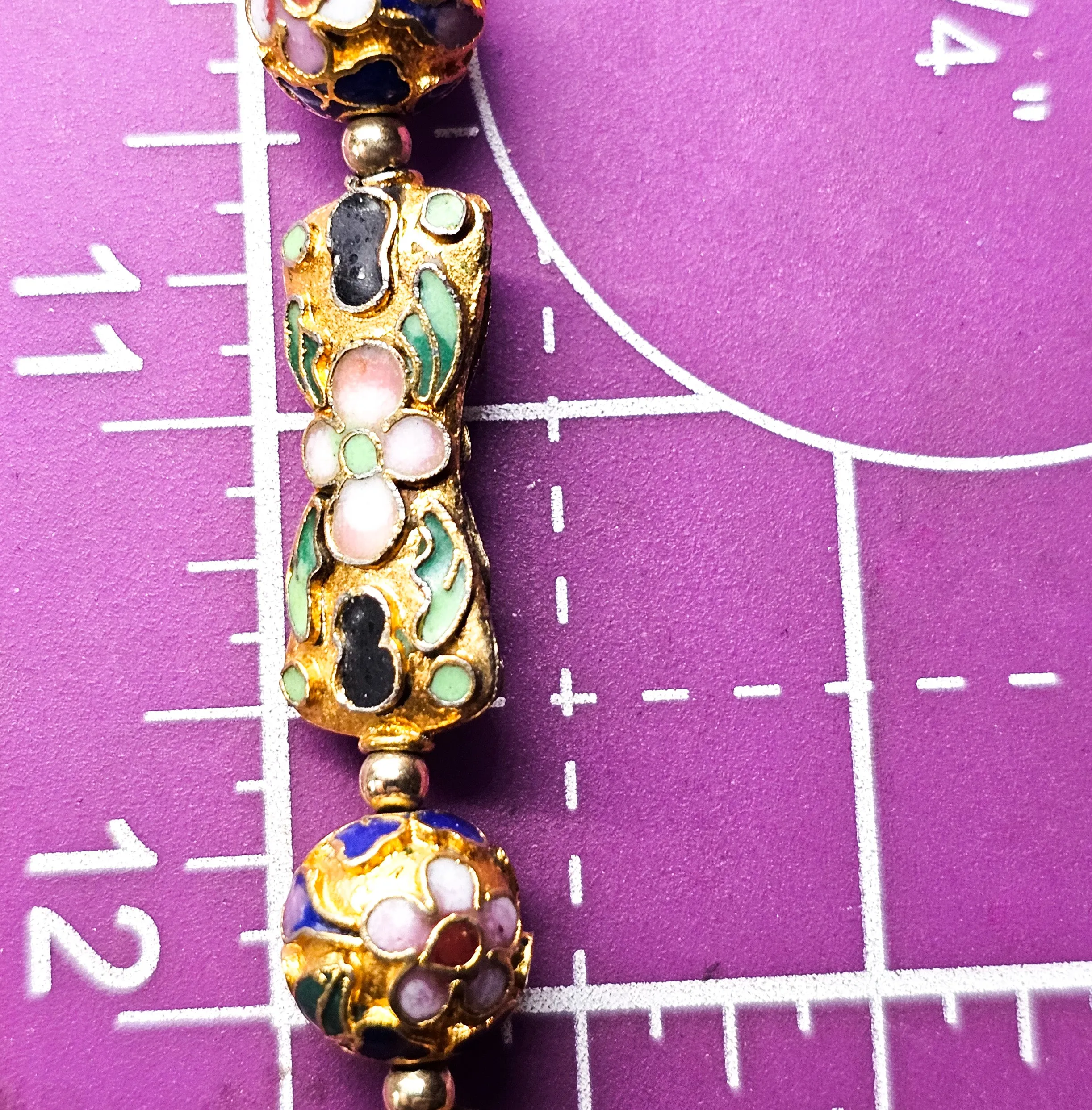 Unakite hand knotted silk Chinese Cloisonne enamel flower long 32' vintage necklace