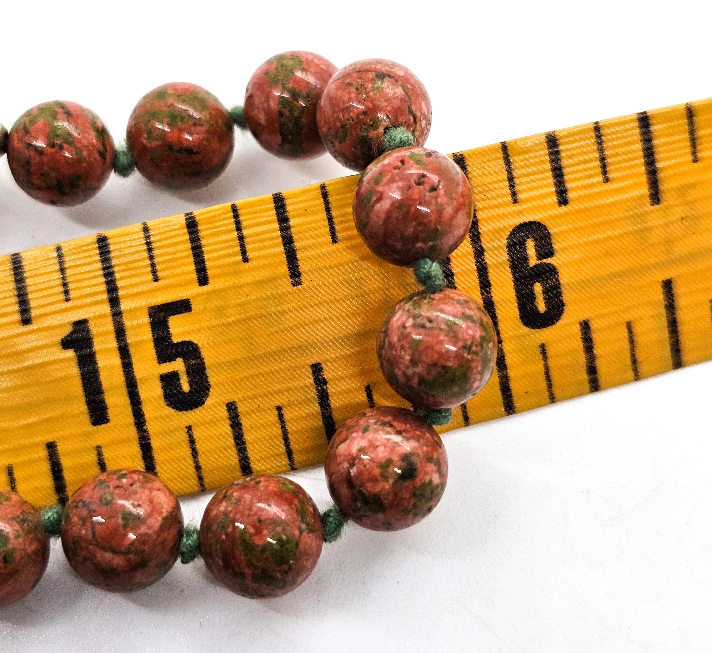 Unakite hand knotted silk Chinese Cloisonne enamel flower long 32' vintage necklace