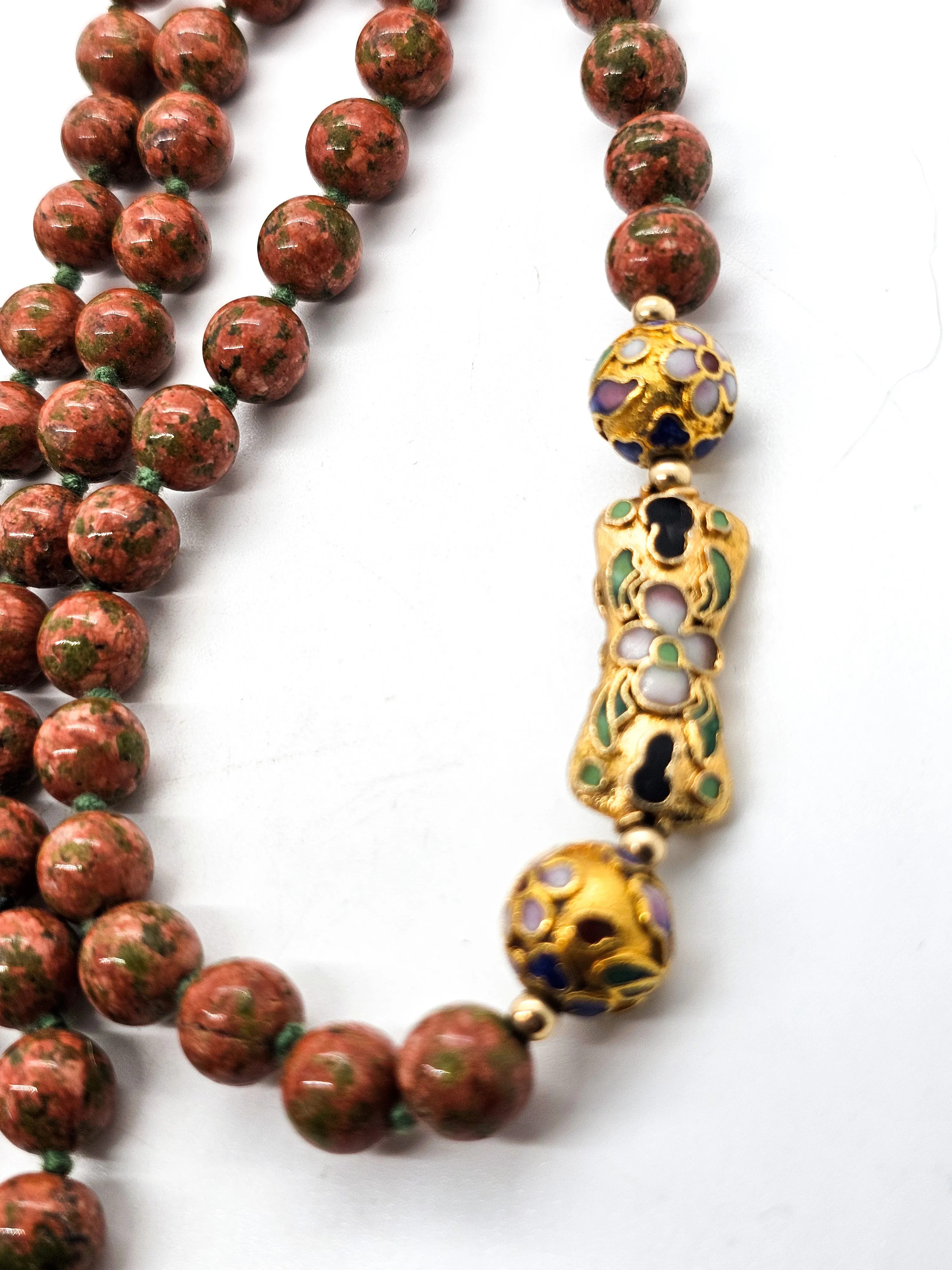 Unakite hand knotted silk Chinese Cloisonne enamel flower long 32' vintage necklace