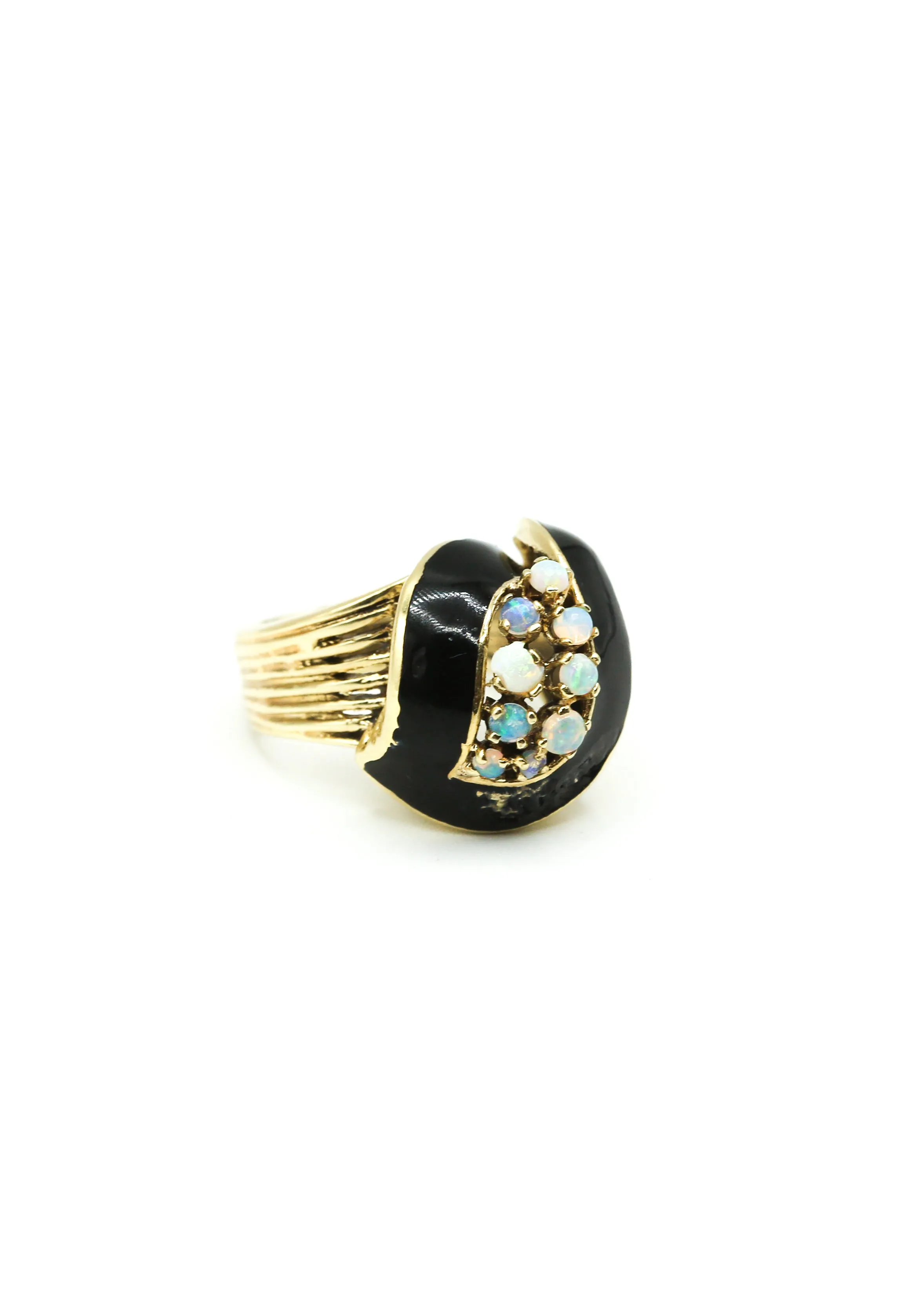 Vintage 1940's 14K Gold and Black Enamel Ring with Opals
