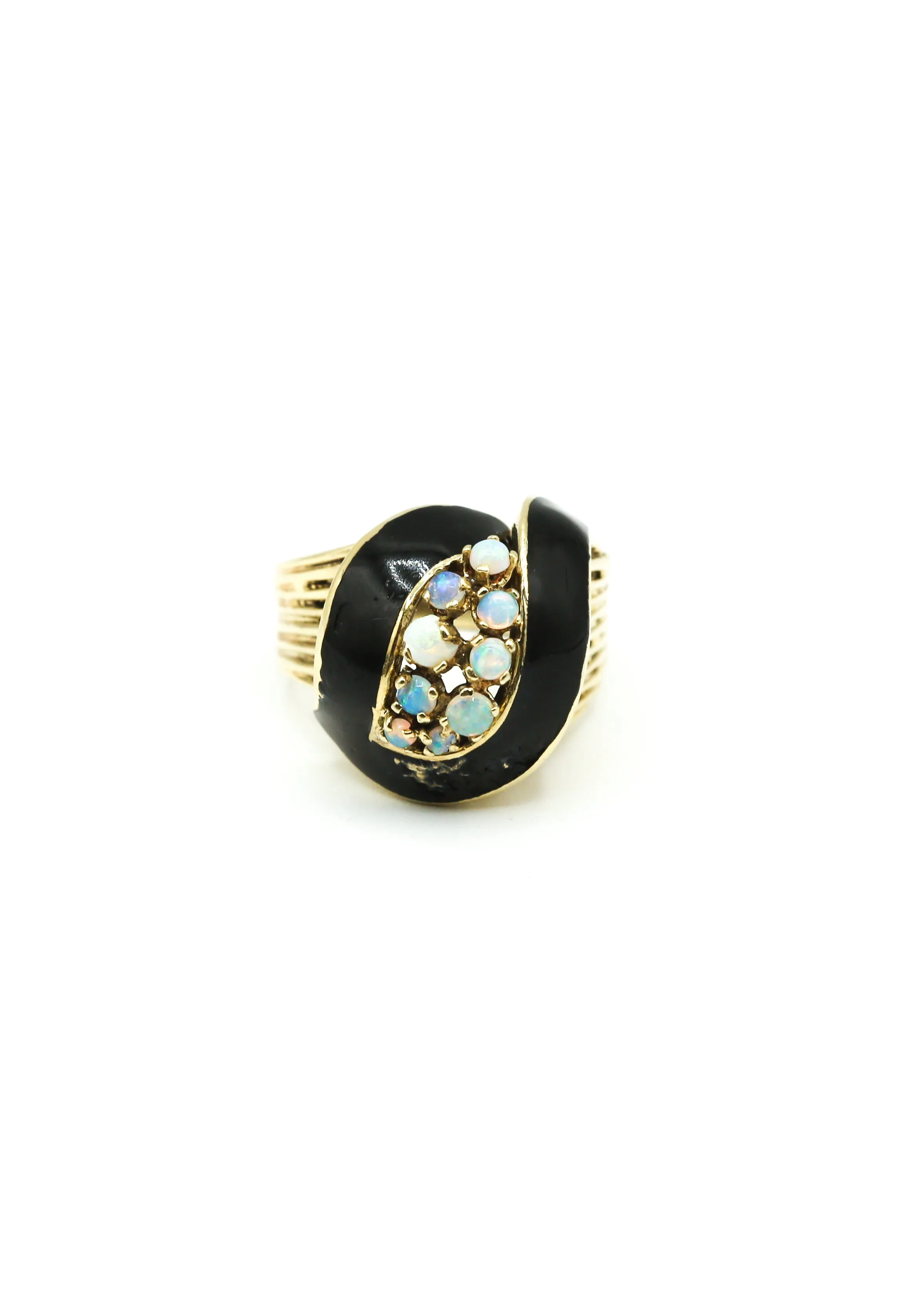 Vintage 1940's 14K Gold and Black Enamel Ring with Opals