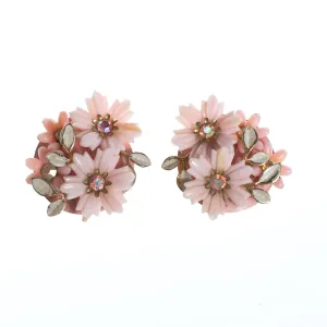 Vintage 1950s Coro Floral Lucite Earring, Pink Lucite Flowers, Aurora Borealis Rhinestones, Gold Tone Setting, Clip-on