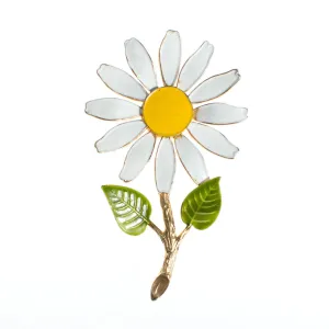 Vintage 1950s Retro Painted Enamel White and Yellow Daisy Brooch