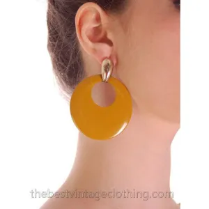 Vintage 1980s Mustard Enamel Wood Earrings Hoops Pierced