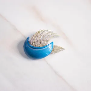 Vintage Blue Crescent Brooch with Rhinestone Crest