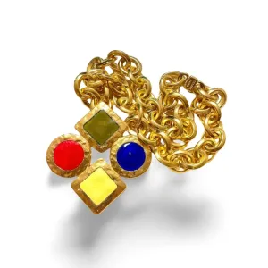 Vintage Celine gold chain necklace with large colorful enamel pendant top. Red, yellow, green, and blue.  Thick chain necklace. 060426ya