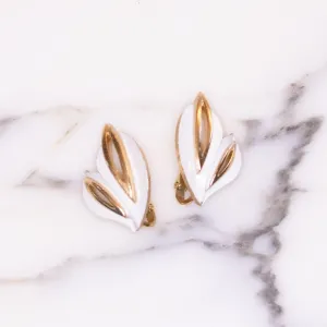 Vintage Crown Trifari Gold Tone White Enamel Leaf Earrings