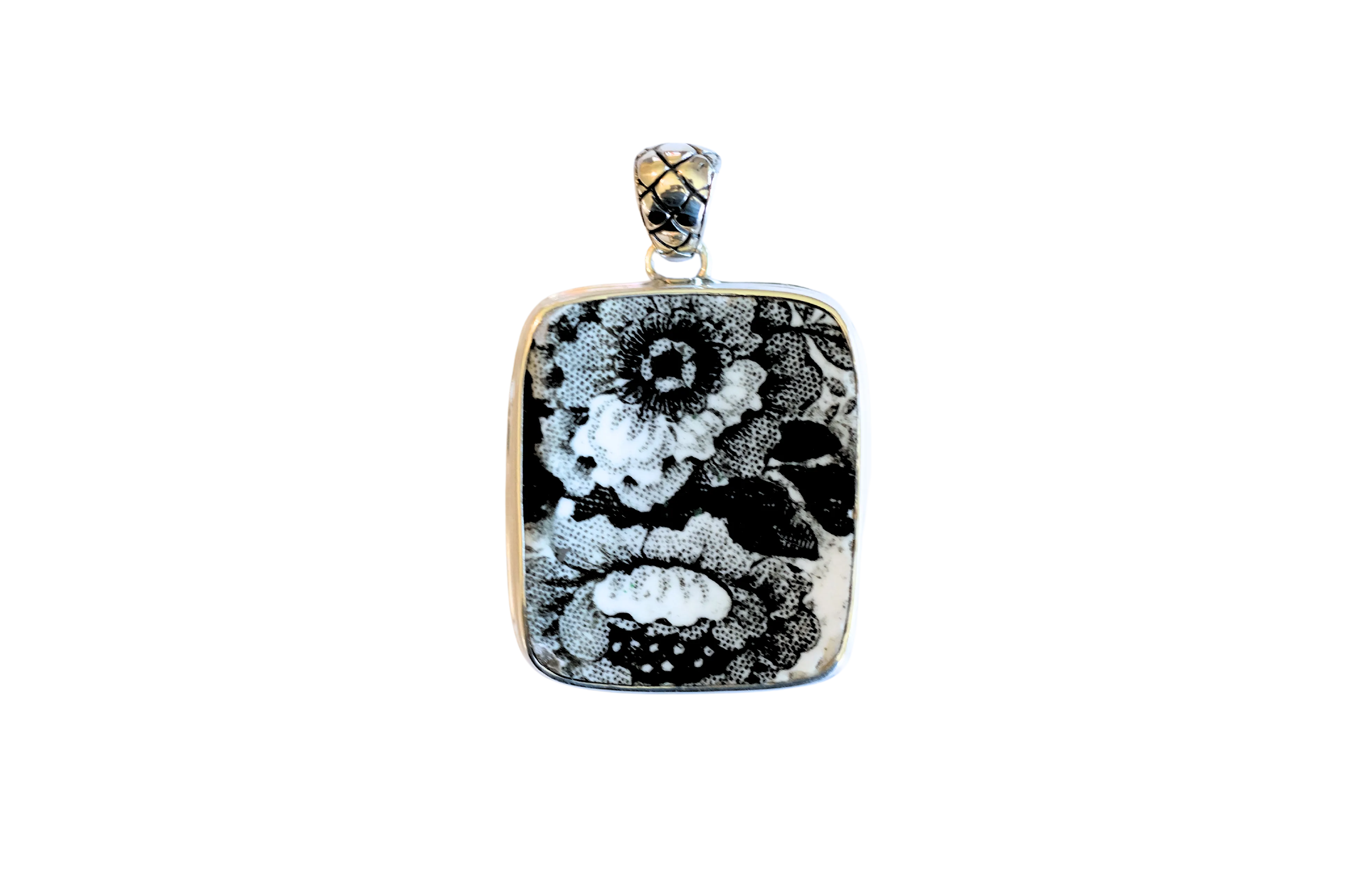 Vintage Floral Black and White Rectangle Pendant