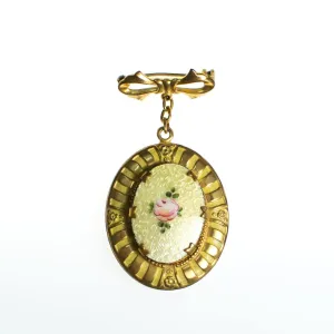 Vintage Guilloche Brooch, Etched Enamel Yellow Pink Rose, Locket, Gold Tone