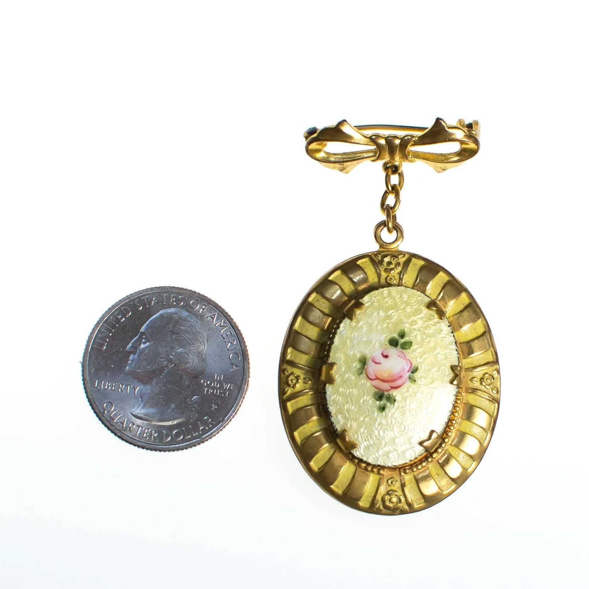 Vintage Guilloche Brooch, Etched Enamel Yellow Pink Rose, Locket, Gold Tone