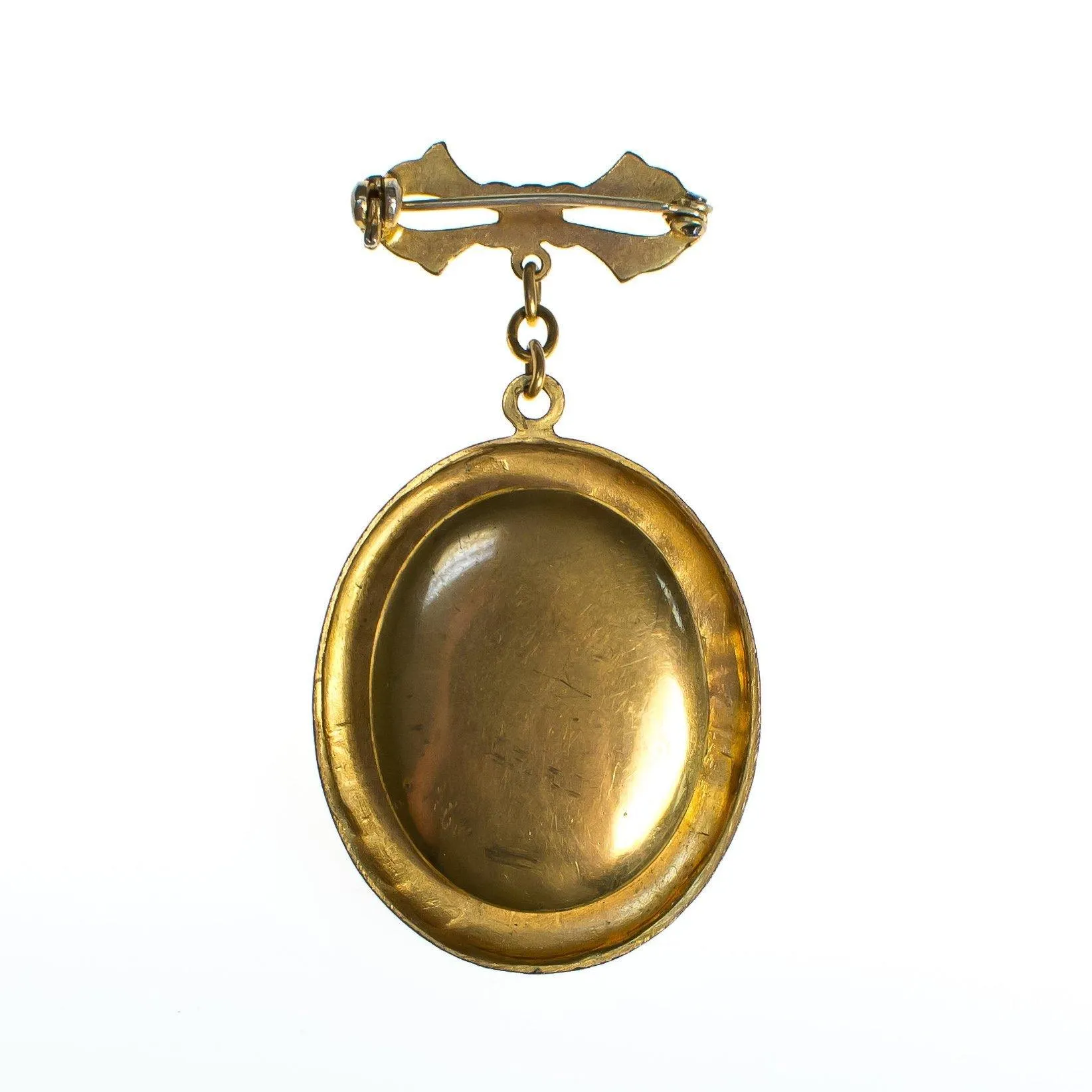 Vintage Guilloche Brooch, Etched Enamel Yellow Pink Rose, Locket, Gold Tone