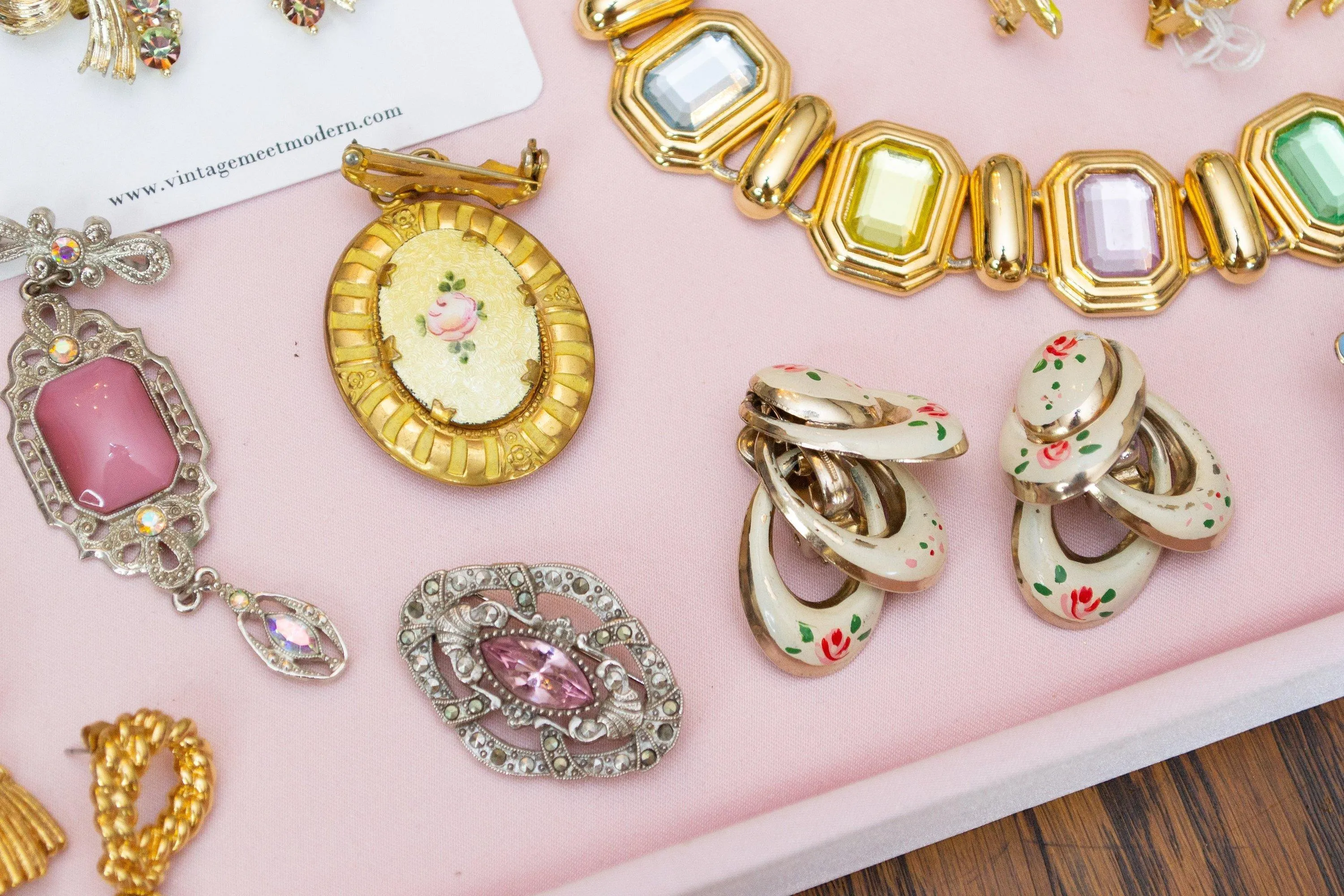 Vintage Guilloche Brooch, Etched Enamel Yellow Pink Rose, Locket, Gold Tone