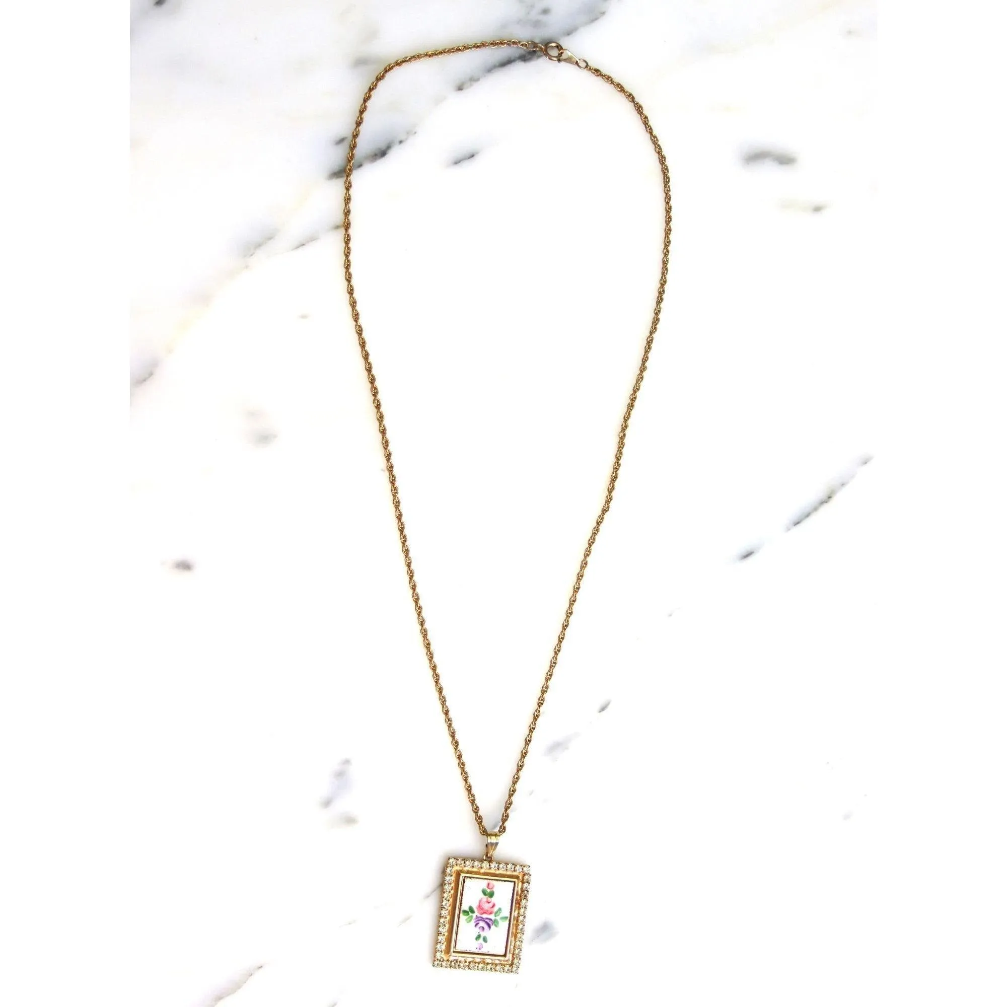 Vintage Guilloche Pendant with Rhinestone Accents