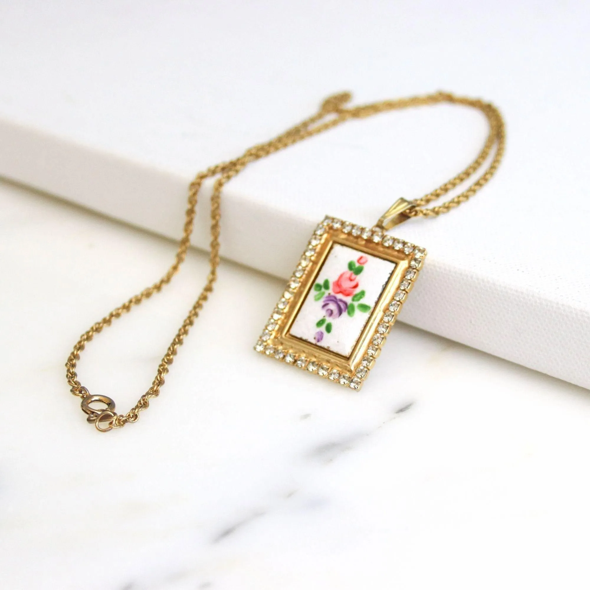 Vintage Guilloche Pendant with Rhinestone Accents