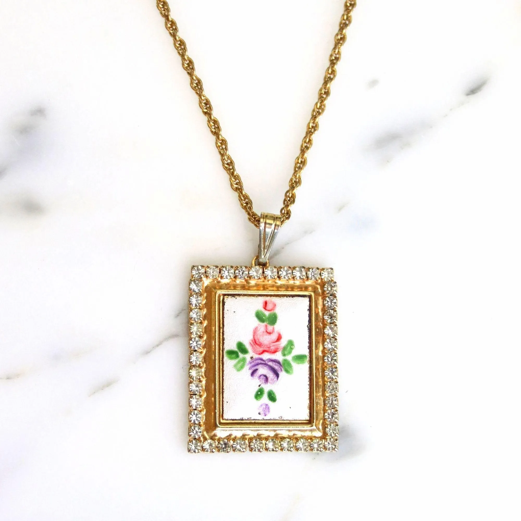 Vintage Guilloche Pendant with Rhinestone Accents