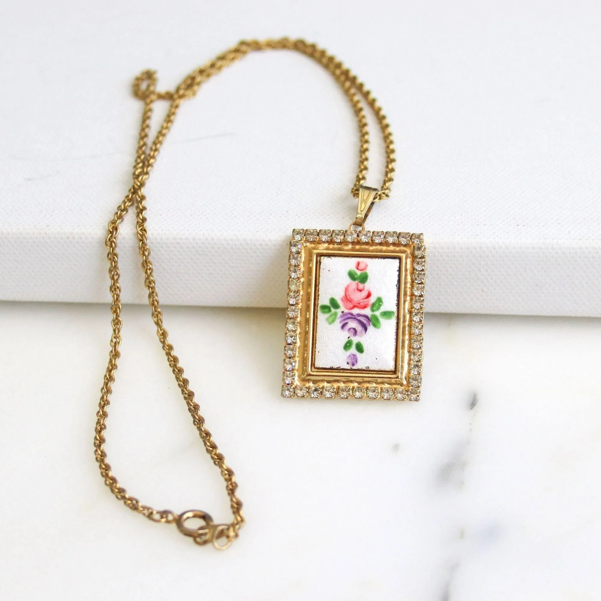 Vintage Guilloche Pendant with Rhinestone Accents