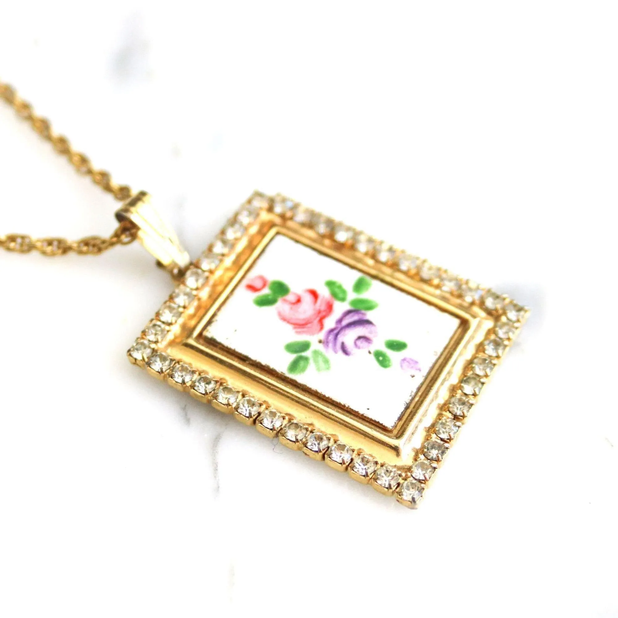 Vintage Guilloche Pendant with Rhinestone Accents
