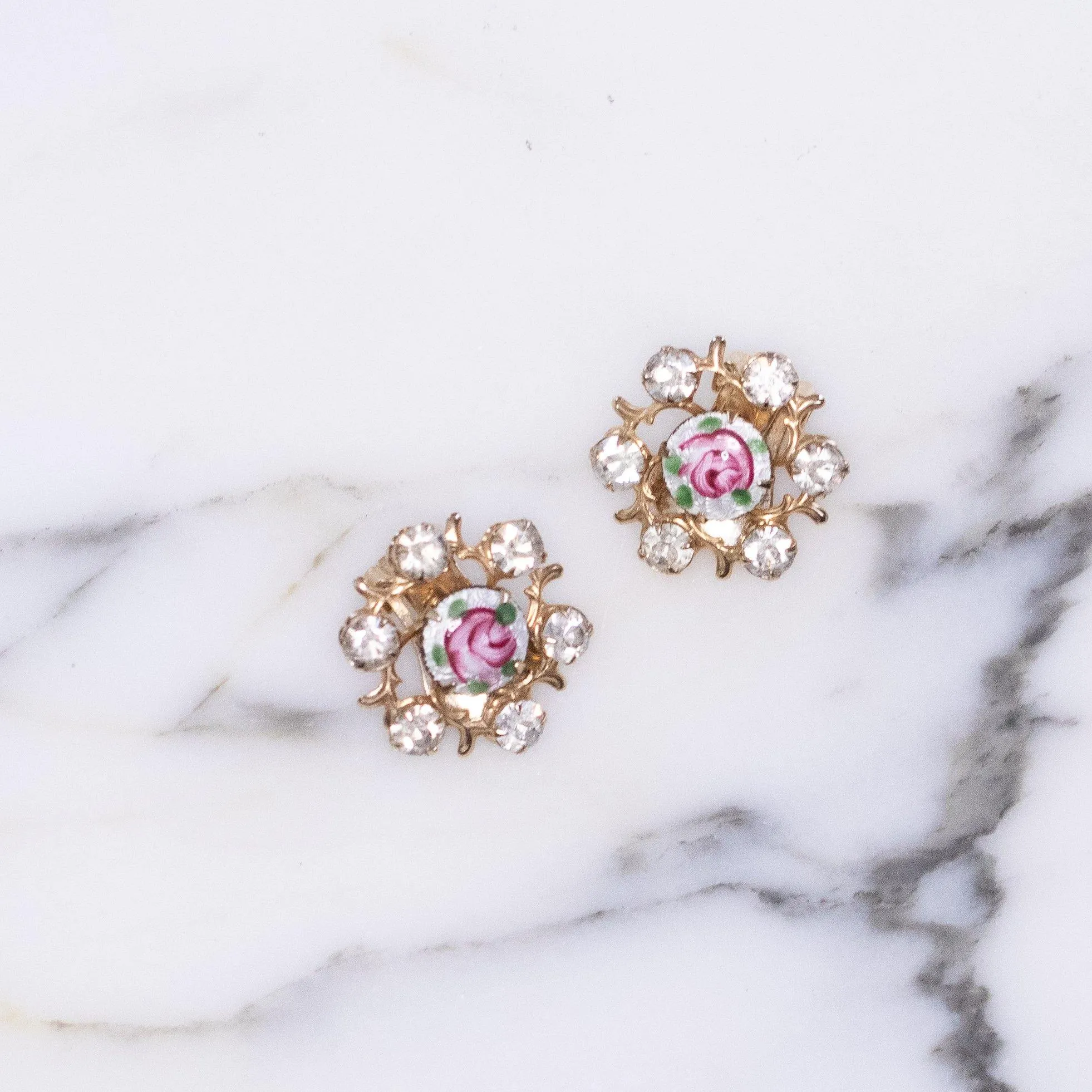 Vintage Guilloche Pink Rose Earrings with Rhinestones