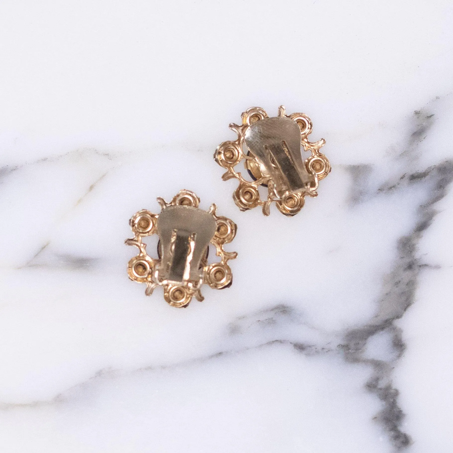 Vintage Guilloche Pink Rose Earrings with Rhinestones