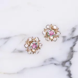 Vintage Guilloche Pink Rose Earrings with Rhinestones