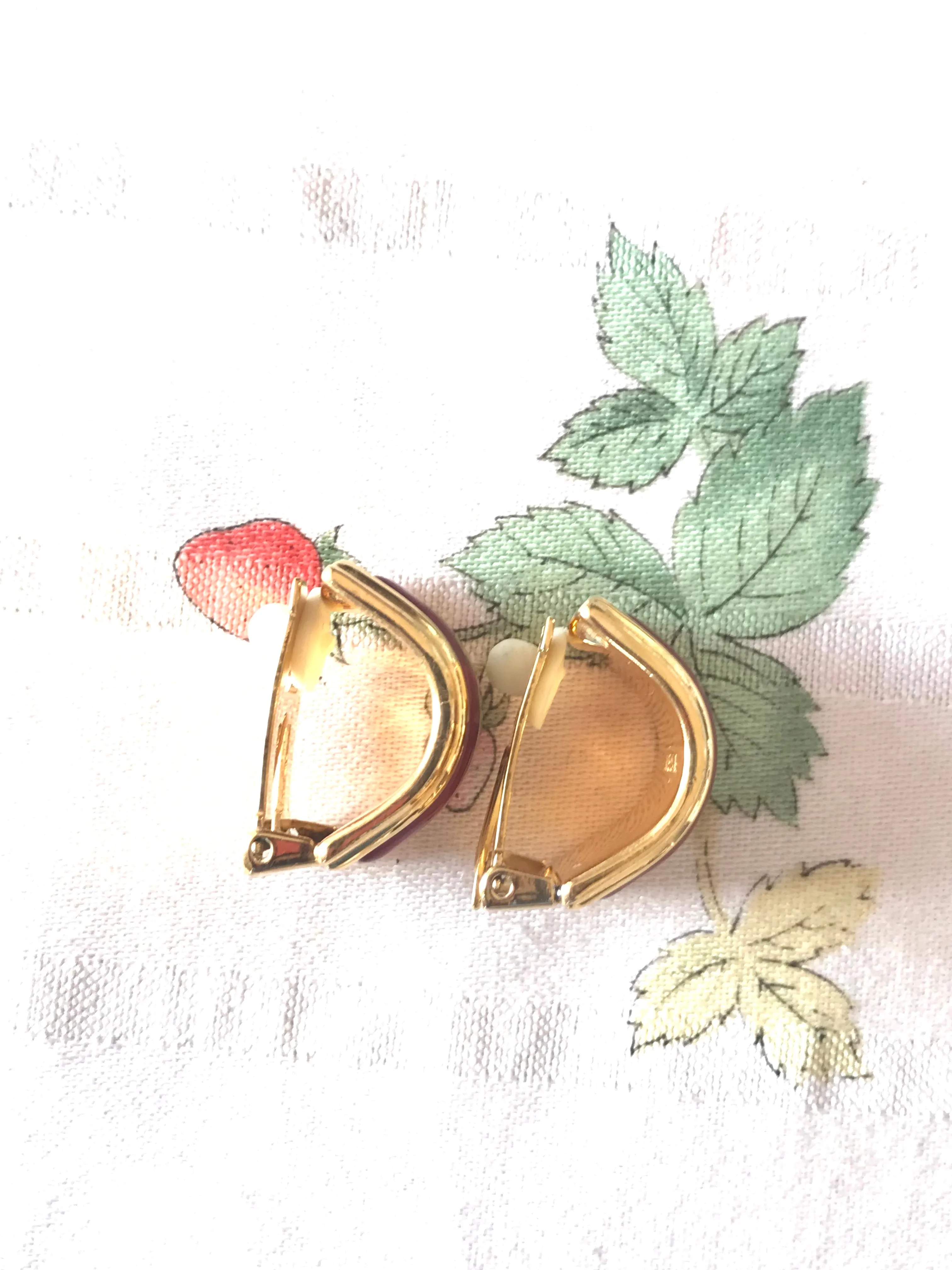 Vintage Hermes cloisonne golden earrings with red and yellow chain, medal charm, H logo jewelry print design. Great gift idea.
