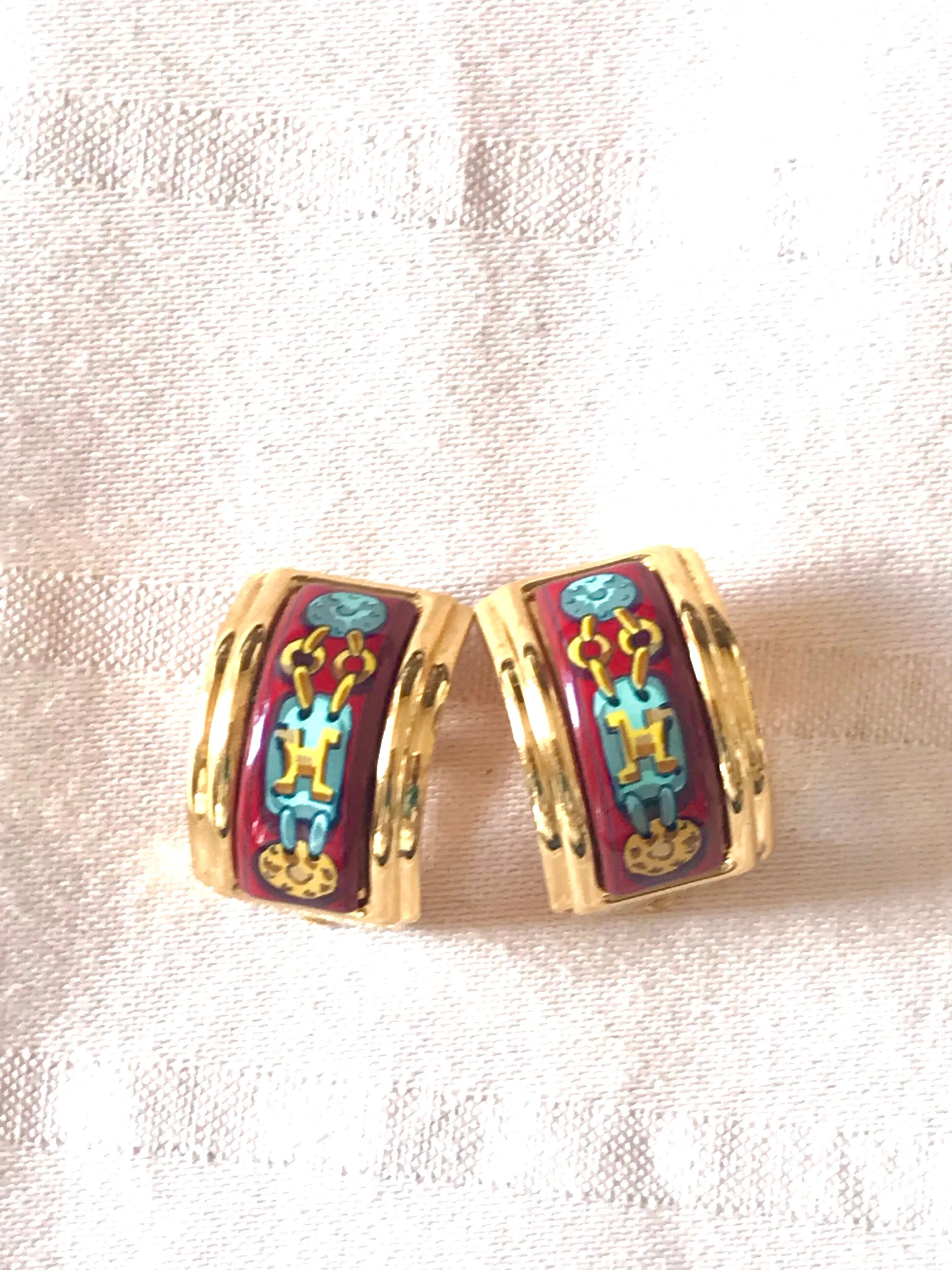 Vintage Hermes cloisonne golden earrings with red and yellow chain, medal charm, H logo jewelry print design. Great gift idea.
