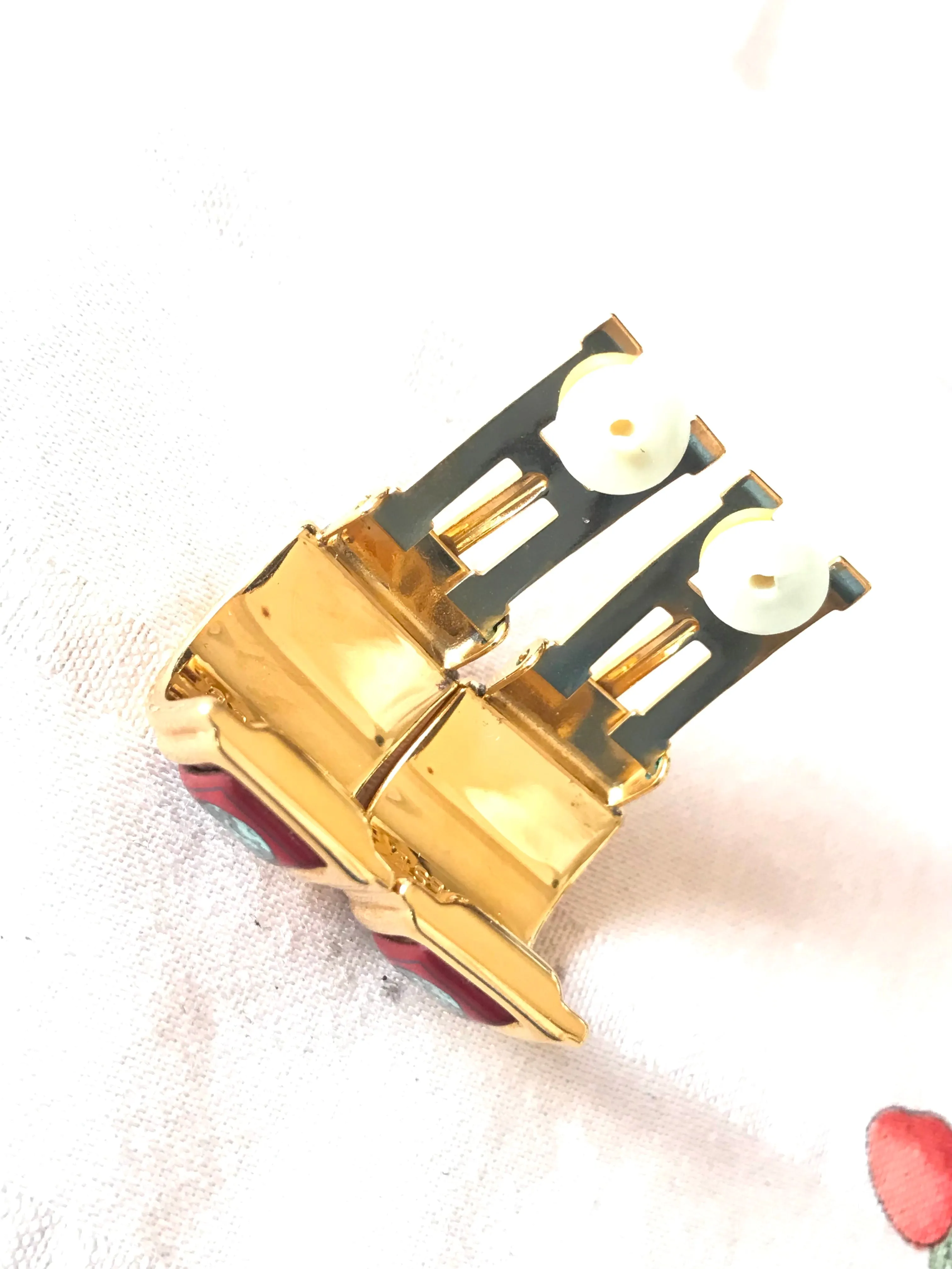 Vintage Hermes cloisonne golden earrings with red and yellow chain, medal charm, H logo jewelry print design. Great gift idea.
