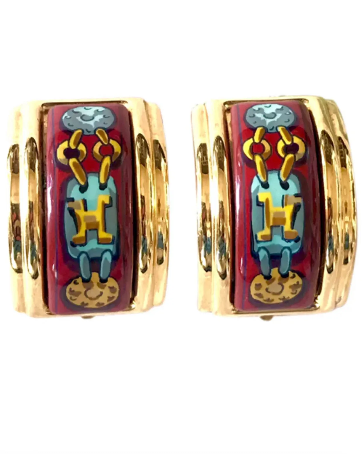 Vintage Hermes cloisonne golden earrings with red and yellow chain, medal charm, H logo jewelry print design. Great gift idea.