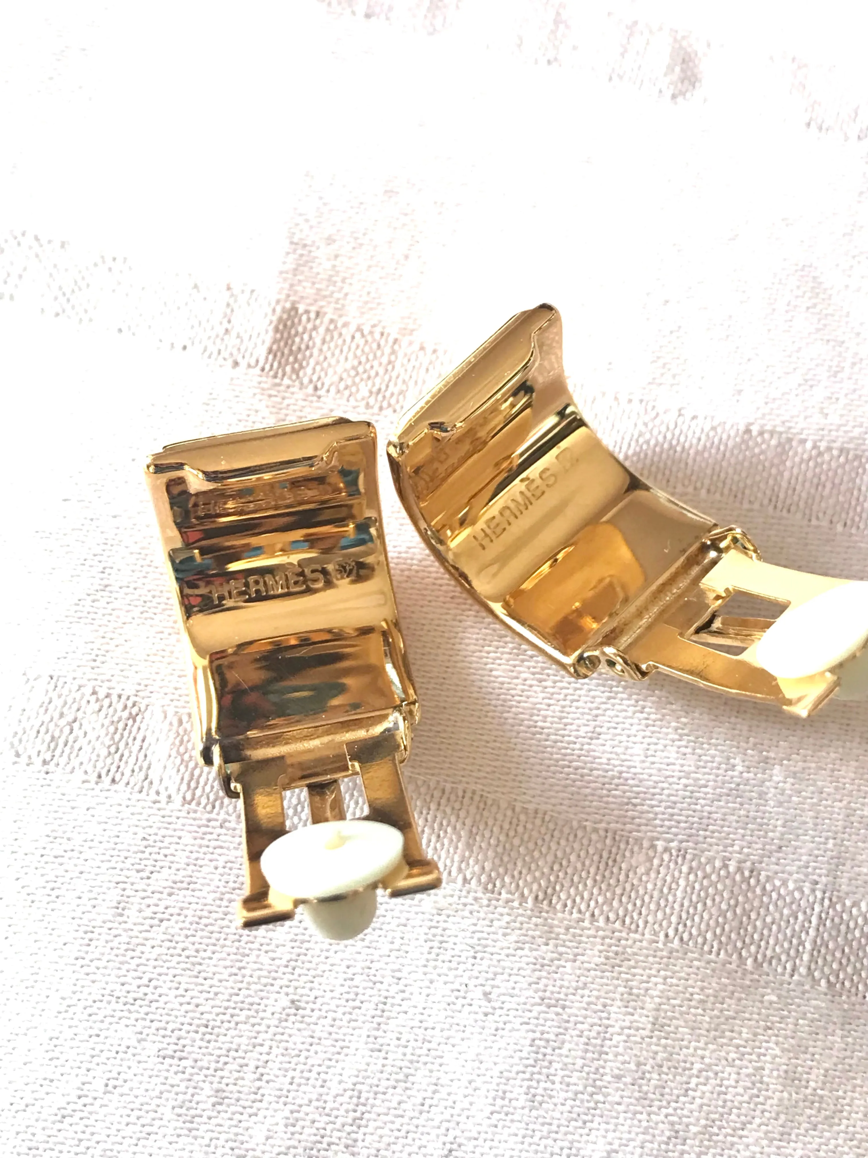 Vintage Hermes cloisonne golden earrings with red and yellow chain, medal charm, H logo jewelry print design. Great gift idea.