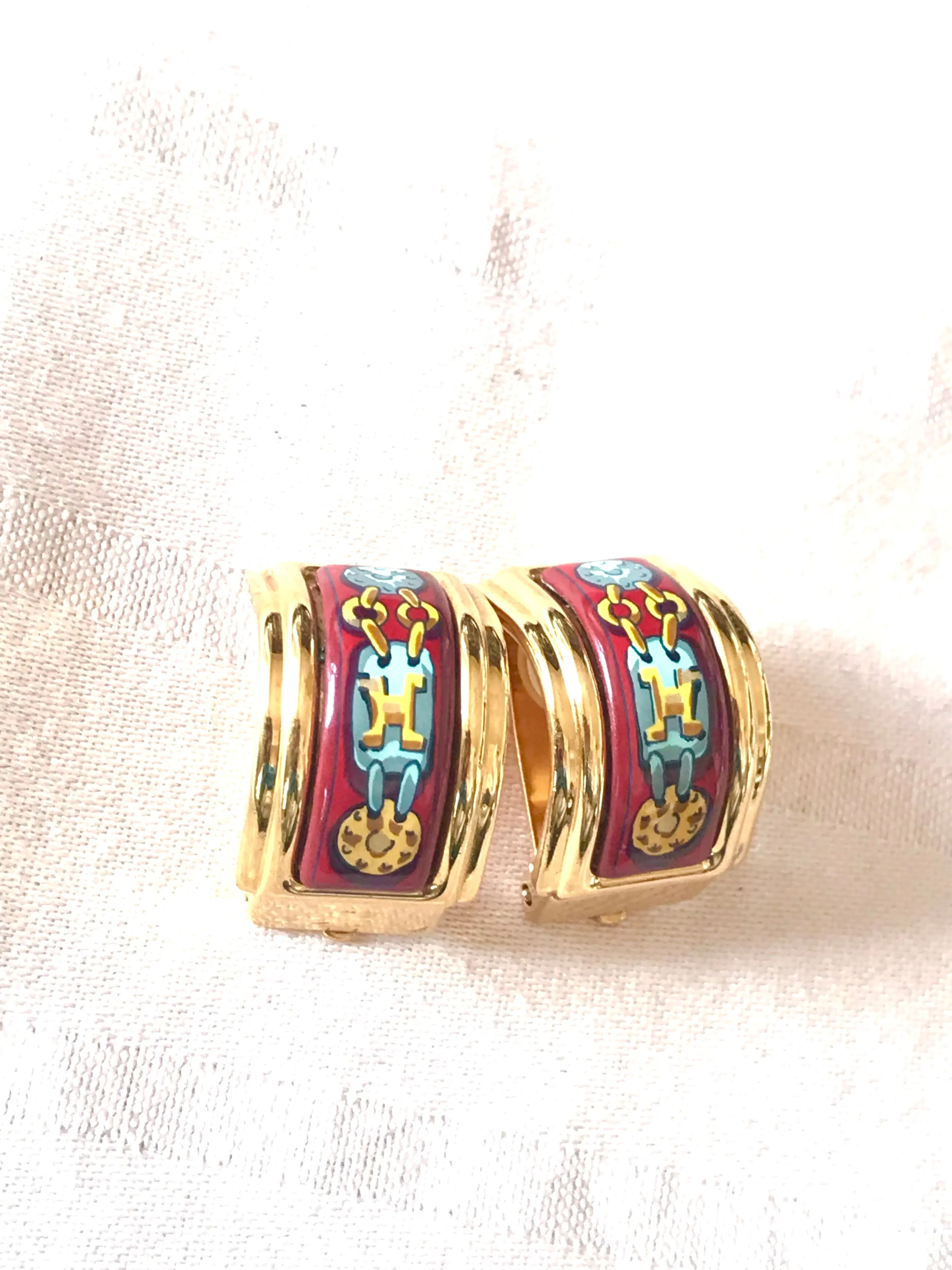 Vintage Hermes cloisonne golden earrings with red and yellow chain, medal charm, H logo jewelry print design. Great gift idea.