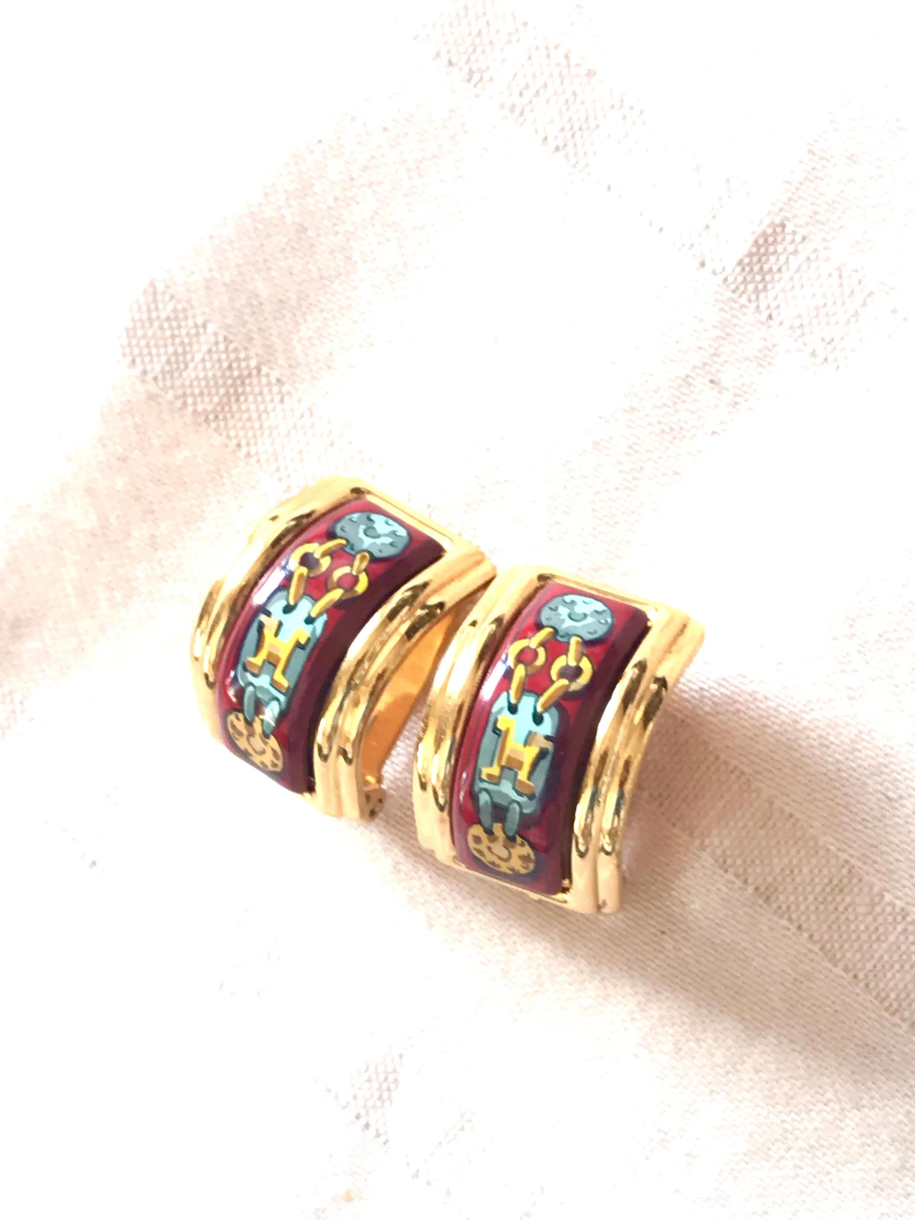 Vintage Hermes cloisonne golden earrings with red and yellow chain, medal charm, H logo jewelry print design. Great gift idea.