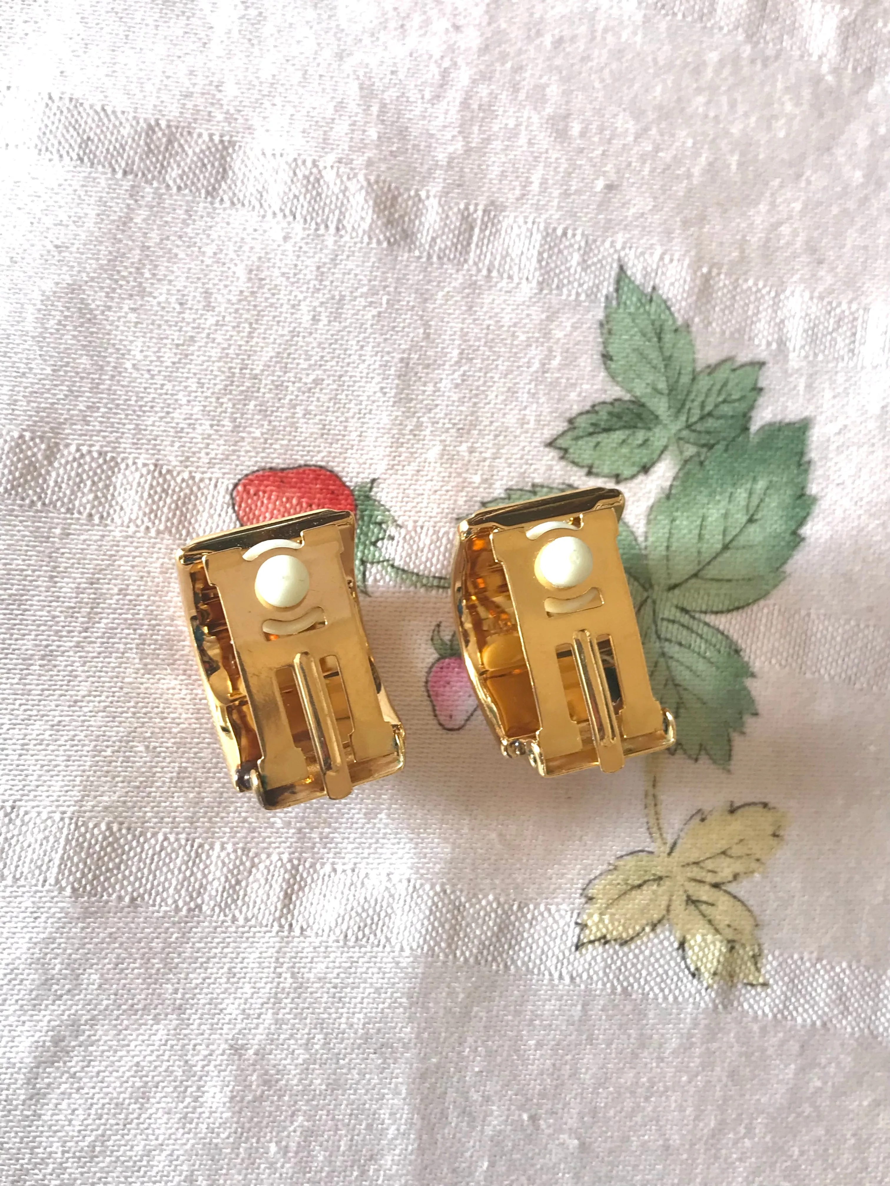 Vintage Hermes cloisonne golden earrings with red and yellow chain, medal charm, H logo jewelry print design. Great gift idea.
