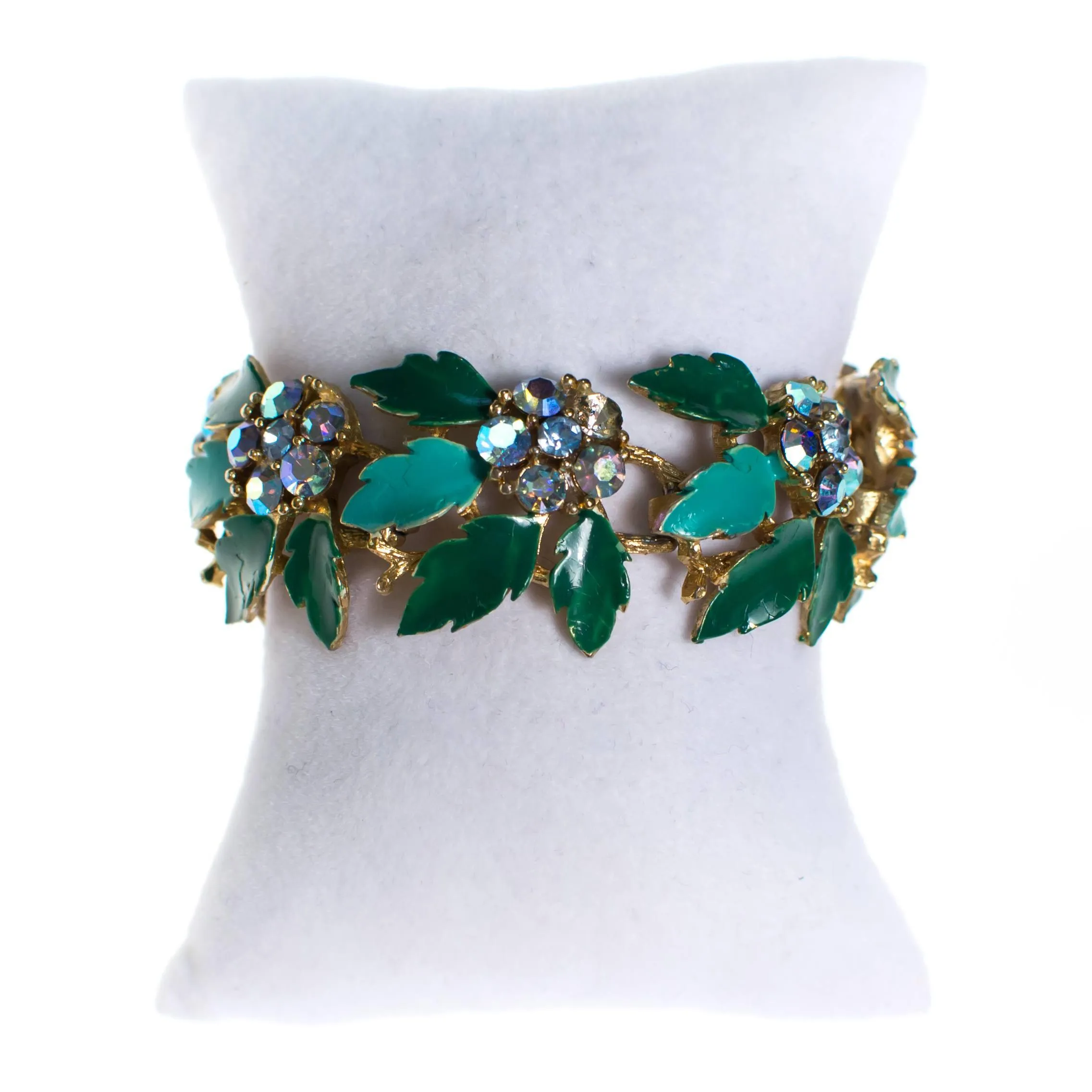 Vintage Lisner Bracelet with Green Enamel Leaves
