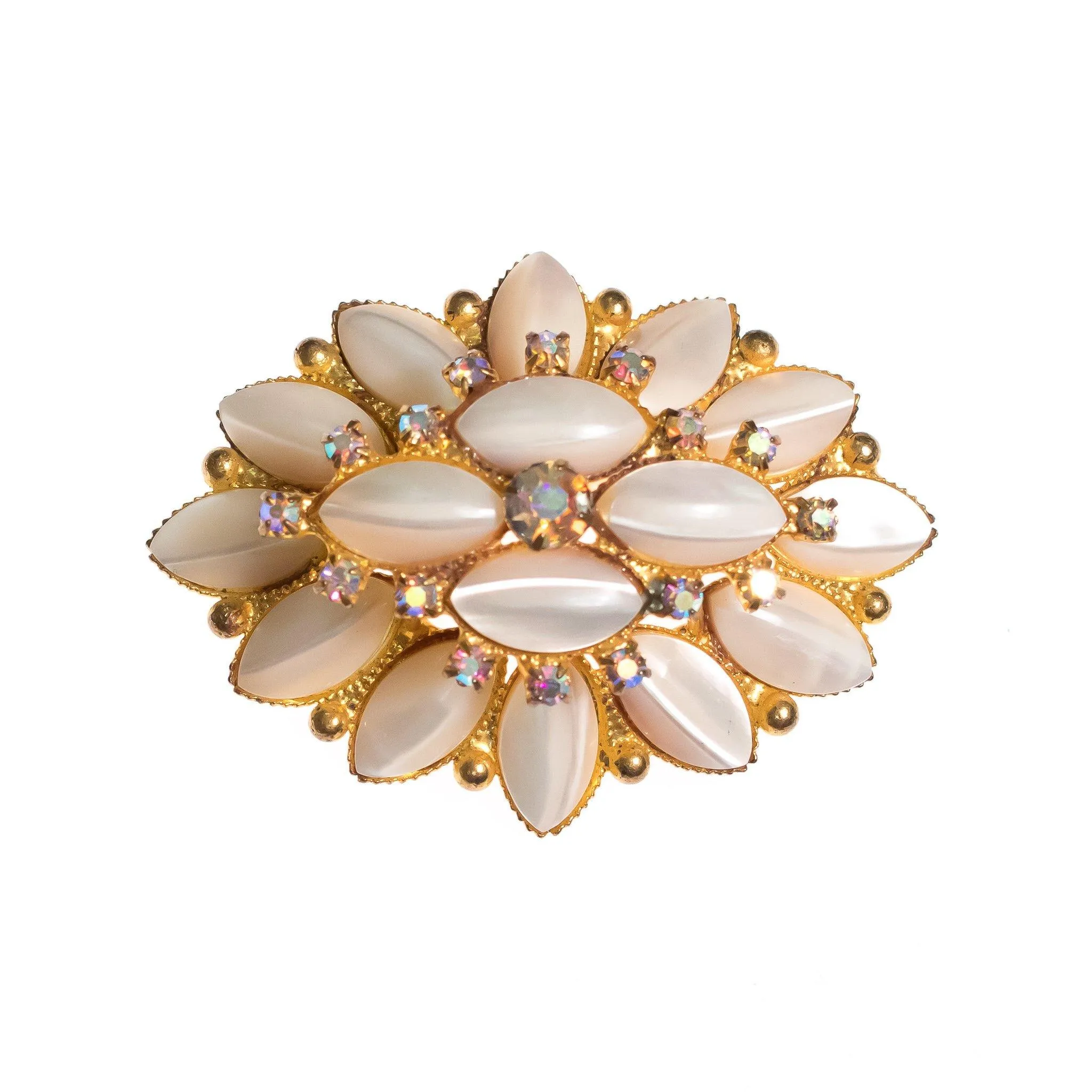 Vintage Pearl Rhinestones and Aurora Borealis Crystal Tiered Brooch