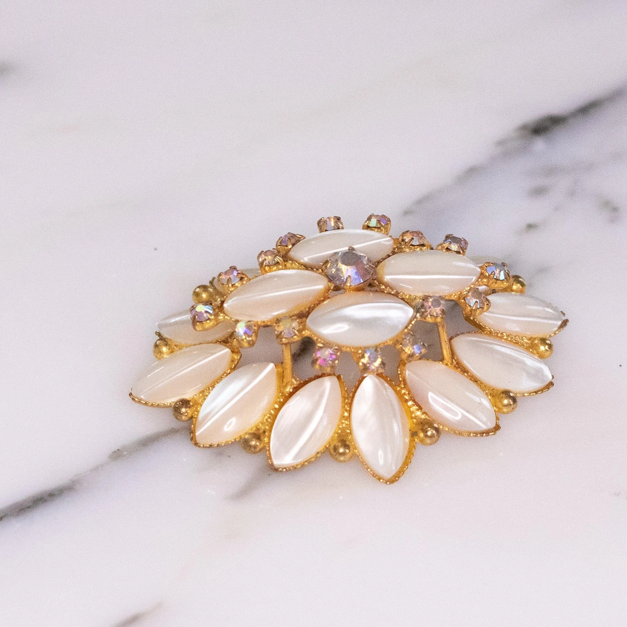 Vintage Pearl Rhinestones and Aurora Borealis Crystal Tiered Brooch