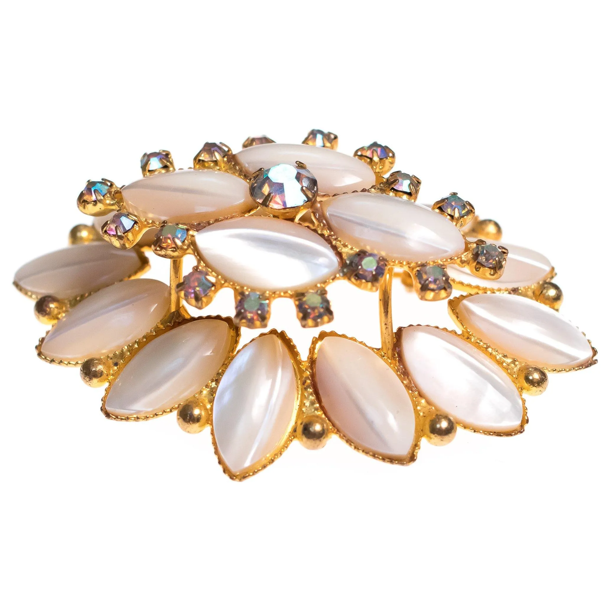 Vintage Pearl Rhinestones and Aurora Borealis Crystal Tiered Brooch