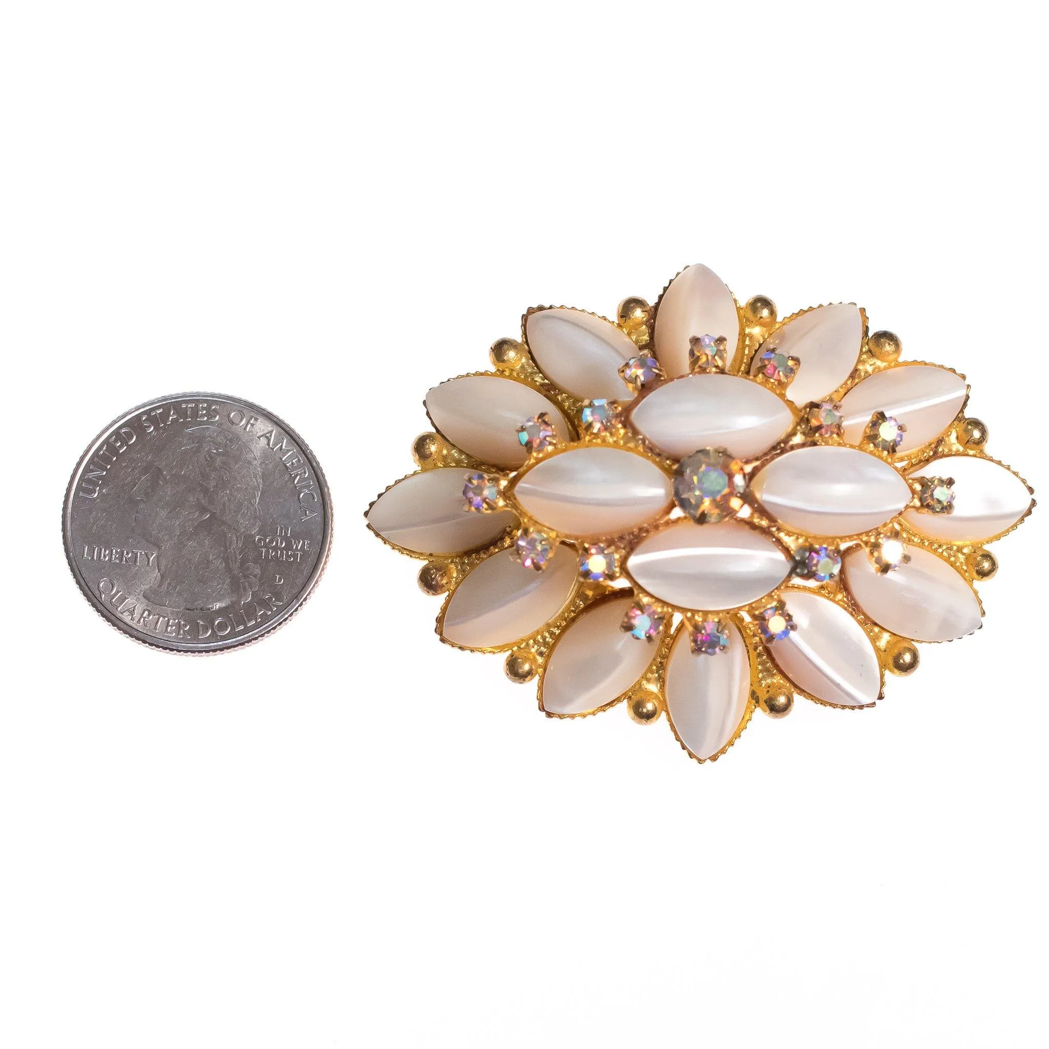 Vintage Pearl Rhinestones and Aurora Borealis Crystal Tiered Brooch